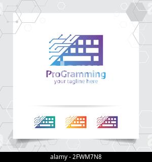 Digital coding logo vector design with concept of keyboard icon and programmer illustration for web development, UI/UX, desktop application, and devel Stock Vector