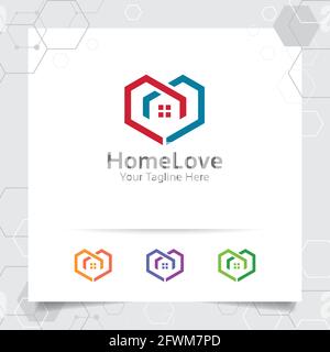 House home logo design concept of love heart vector icon. Real estate and property logo for construction, contractor, architect, and rent house. Stock Vector