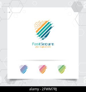 Security shield logo design with concept of protection shield vector and technology icon for data privacy, anti virus and system security. Stock Vector