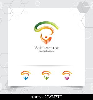 Wifi locator logo with modern glossy design . Map pointer and wifi signal symbol vector. Stock Vector