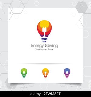 Electricity logo bulb design concept of electric plug vector and lamp icon. Energy logo used for power plants and electric product. Stock Vector