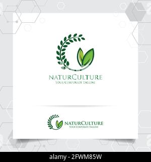 Agriculture logo design with concept of grain icon and plant leaves vector. Green nature logo used for agricultural systems, farmer, and plantation pr Stock Vector