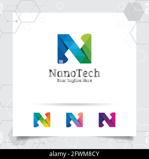 Digital logo letter N design vector with modern colorful pixel for technology, software, studio, app, and business. Stock Vector