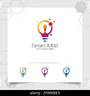 Writer logo bulb idea design concept of pencil icon and colorful lamp vector. Creative idea logo used for studio, professional and agency. Stock Vector