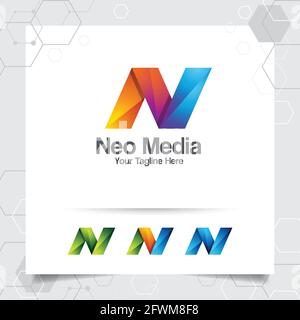Digital logo letter N design vector with modern colorful pixel for technology, software, studio, app, and business. Stock Vector