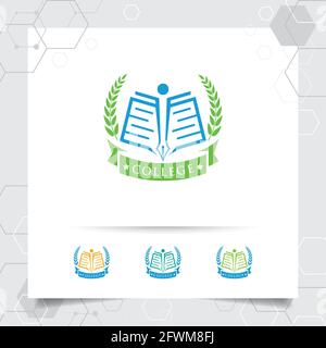 Education logo vector design with concept of book, pen, and wreaths icon illustration for academy, university, school. Stock Vector