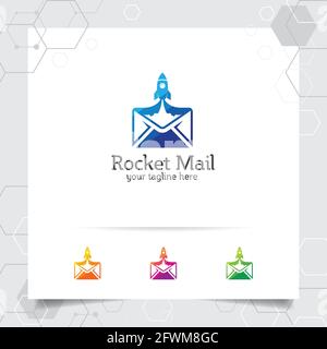 Rocket logo design with letter envelope concept and rocket icon. Messages vector used for chat, app, technology and software. Stock Vector