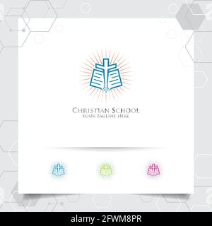 Christian school logo design vector with concept of book, pen and cross icon illustration. . Stock Vector