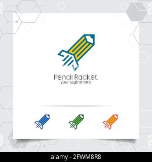 Rocket logo design with pencil concept and rocket icon. Pencil rocket vector used for graphic studio, writer and professional. Stock Vector