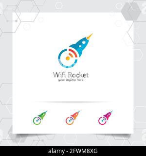 Rocket logo design with networking concept and rocket icon. Wireless rocket vector used for app, technology and software. Stock Vector