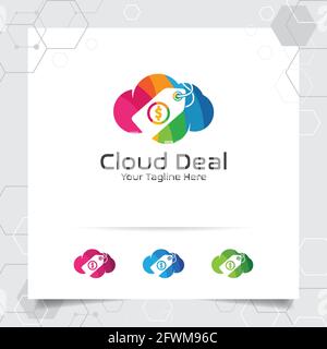 Colorful cloud logo vector design with concept of online shop illustration. Cloud and price tag icon vector for business, store, digital online shop. Stock Vector