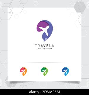 Travel logo design concept of airplane icon with pin map symbol. Traveling logo vector for world tour, adventure, and holiday. Stock Vector
