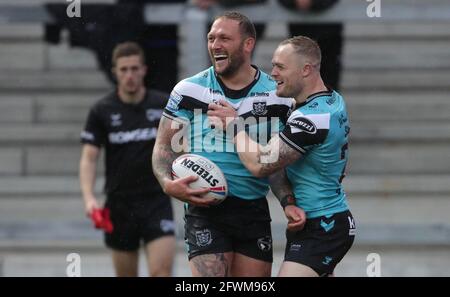 Hull FC's Josh Griffin (left) celebrates with Adam Swift after scoring during the Betfred Super League match at the Emerald Headingley Stadium, Leeds. Picture date: Sunday May 23, 2021. Stock Photo