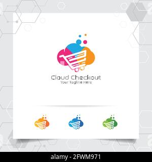 Colorful cloud logo vector design with concept of online shop illustration. Cloud and cart icon vector for business and digital online shop. Stock Vector