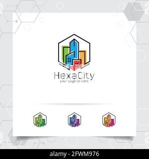 Real estate logo design concept of apartment icon and building. Property logo vector for construction, contractor, residence and city scape. Stock Vector