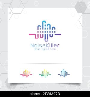 Music logo design vector with concept of sound wave and equalizer icon for studio recording, musician, app, and technology. Stock Vector