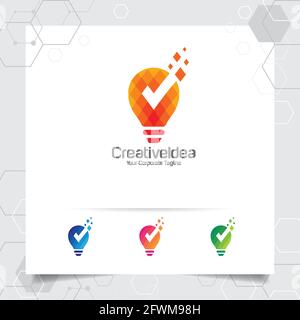 Bulb logo idea design concept of digital pixel symbol and icon lamp vector. Smart idea logo used for studio, professional and agency. Stock Vector