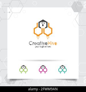 Beehive and honeycomb logo design vector with hexagonal concept and honey droplets illustration. Stock Vector