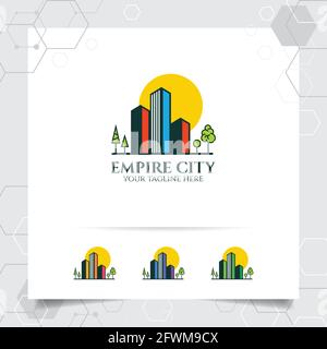 Real estate logo design concept of green city building illustration. Property logo vector for construction, contractor, residence and city scape. Stock Vector