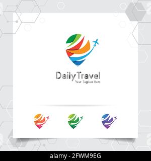 Travel logo design concept of airplane icon with pin map symbol. Traveling logo vector for world tour, adventure, and holiday. Stock Vector