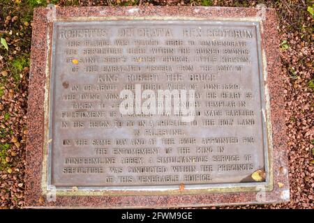 Plaque showing the place where the emblamed viscera from the body of King Robert the Bruce was buried. Stock Photo