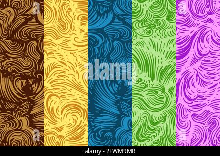 Doodle Seamless Pattern Set. Five seamless backgrounds. Vector Illustration. Stock Vector