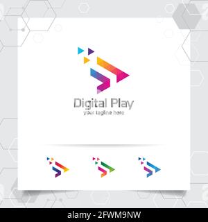 Media play logo design vector with concept of colorful triangle and arrow icon for music studio, application, and multimedia. Stock Vector