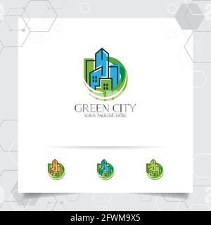 Real estate logo design concept of green city building illustration. Property logo vector for construction, contractor, residence and city scape. Stock Vector