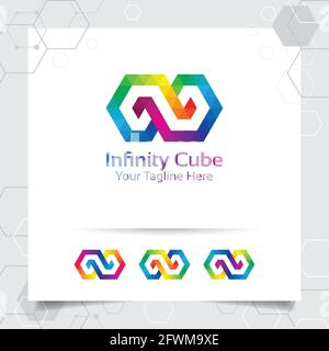 Business finance vector logo design with concept of linked shape and square connect infinity symbol icon illustration. Stock Vector