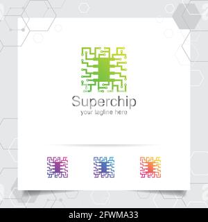 Technology digital logo vector design with concept of microchip icon for programmer, technology community, application software, and engineer. Stock Vector