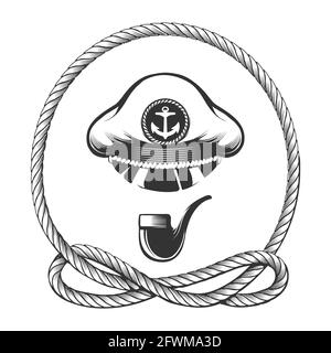 Navy captain hat with smoking pipe in marine rope circle. Vector illustration Stock Vector