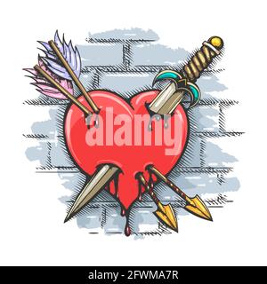 Colorful Tattoo of Heart Pierced by Dagger and Arrows on brick wall background. Vector Illustration. Stock Vector