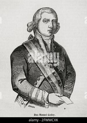 Manuel de Godoy y Alvarez de Faria (1767-1851). Spanish politician. First Secretary of State of Spain from 1792 to 1797. 'Prince of Peace' and favourite of Charles IV and Queen Maria Luisa. Illustration by Zarza. Portrait. Engraving. Historia General de España by Father Mariana. Madrid, 1853. Stock Photo