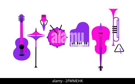 Musical instruments flat color vector icon set Stock Vector