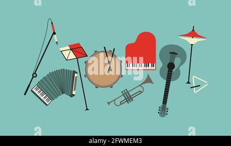 Musical instruments flat color vector icon set Stock Vector