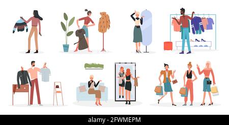 People choose fashionable clothes at home, fashion shop vector illustration set. Cartoon man woman characters holding clothes hanger, choosing what to wear, girls with shopping bags isolated on white Stock Vector
