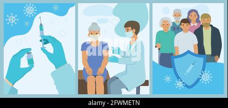 Syringe with vaccine in hand. Woman is vaccinated by a doctor. Vaccination against covid 19 concept. Stock Vector