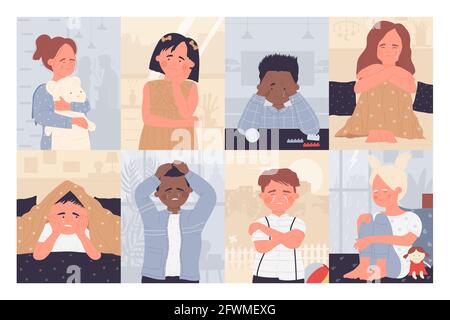 Sad anxiety kids, children cry, feel sorrow vector illustration set. Cartoon unhappy girl boy child character sitting alone with depression face, loneliness despair and psychological stress background Stock Vector