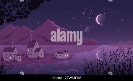 Rural night landscape scene and village by river vector illustration. Cartoon countryside night purple scenery with farm houses under moon and stars, river or lake and mountains on horizon background Stock Vector