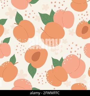 Peach or apricot fruit seamless pattern design vector illustration set. Cartoon summer peachy trendy botany texture with whole and half orange peach, nectarine branch, green leaves and white flowers Stock Vector