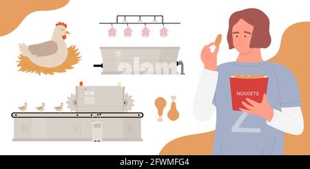 Chicken meat products vector illustration. Cartoon girl teen character eating chicken nuggets, production chain with farm chicks on factory conveyor belt equipment, poultry food industry background Stock Vector