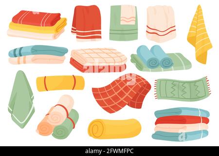 Towels for bathroom vector illustration set. Cartoon textile collection with rolled fabric hand, facial and bath cloth towels, hanging on hanger rail, lying in stack roll or pile isolated on white Stock Vector