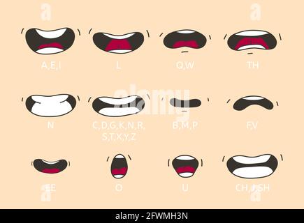 Cartoon talking mouth and lips expressions. Talking mouths lips for cartoon character animation. Stock Vector