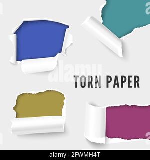 Ripped paper set. Set of holes in torn paper. Realistic vector illustration of white paper Stock Vector