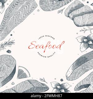 Seafood frame template, vector template with hand drawn ink illustrations of salmon fish, fillet, steak, copy space for label, good for seafood Stock Vector