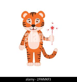 Cute tiger cub with magic wand. Funny animal character for kids isolated on white background. Vector flat illustration. Stock Vector