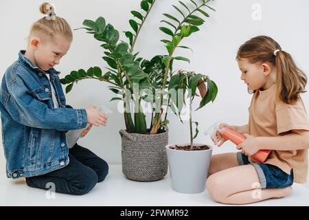 Cute little siblings sitting on their legs, watering plants with spray bottles Stock Photo