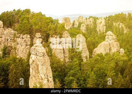 Lovely spring landscape panorama of Bohemian Paradise during lovely sunset, Czech, Cesky Raj, Czech Republic Stock Photo