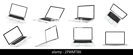 Mockups 3D open laptops. Great collection 3D realistic notebooks for online presentations. Laptops in different angles, positions with blank screen Stock Vector