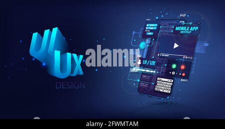 Mobile Phone Application with blocks - user interface, coding, security and functionality. Web page with perspective smartphone and UI, UX, KIT Stock Vector